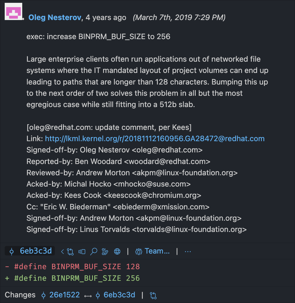 Visual Studio Code içinde BINPRM_BUF_SIZE sabitinin 128'den 256'ya çıkarıldığını gösteren Git blame ekran görüntüsü; değişiklik Oleg Nesterov commitine ait.